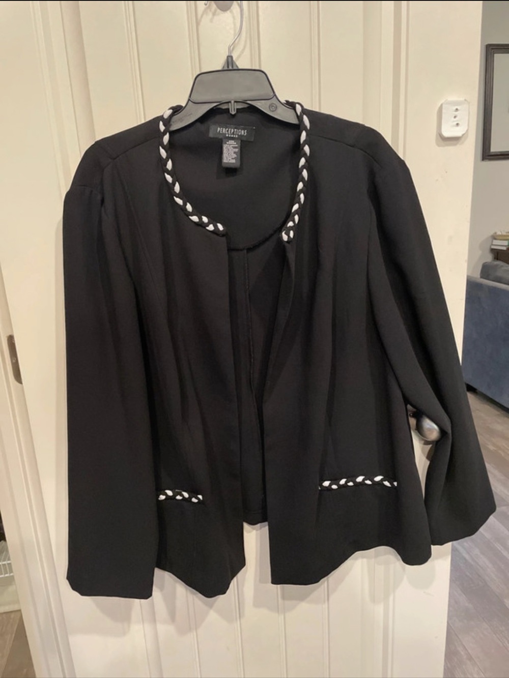 Perceptions Black Open-Front Blazer with White Braid Trim